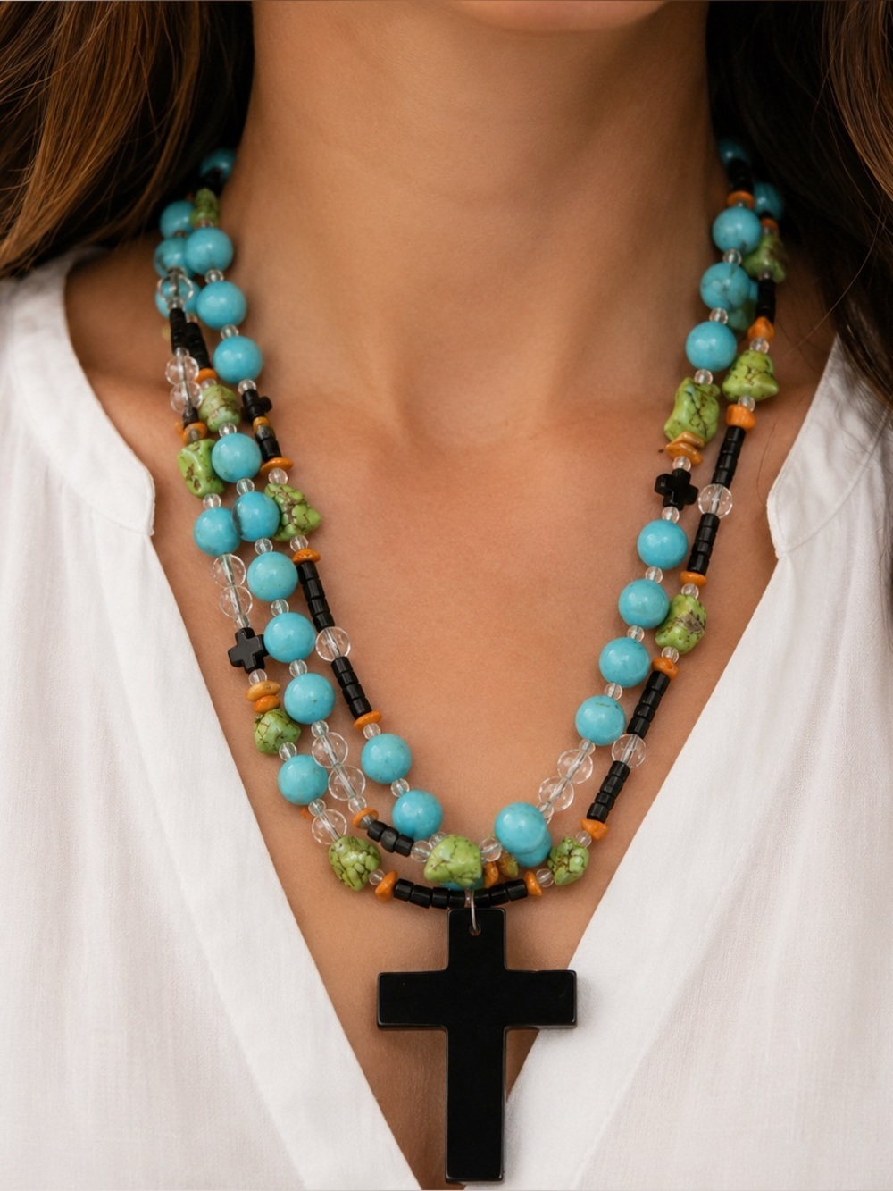 Southwestern Boho Natural Gemstone Cross Triple Strand Statement Necklace
